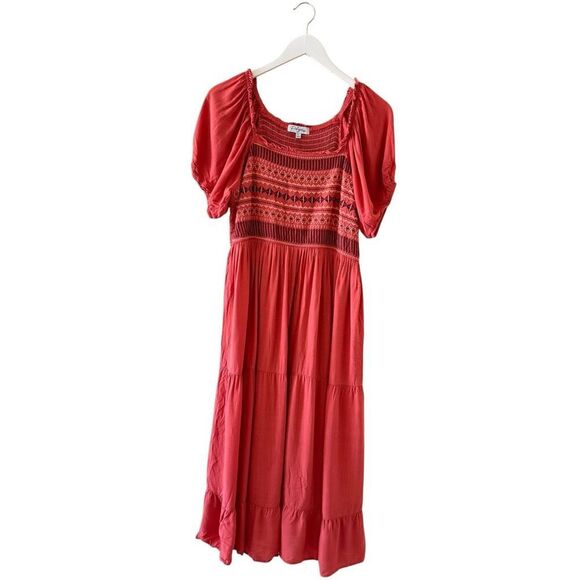 POLAGRAM Boho Chic Embroidered Midi Gypsy Short Sleeves Dress SZ L #2468 - Picture 2 of 14